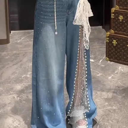 2025 Autunno Inverno Pantaloni in denim da donna Mesh Patchwork Y2K Streetwear Jeans larghi Grunge giapponese Harajuku Cowboy Tide Designer
