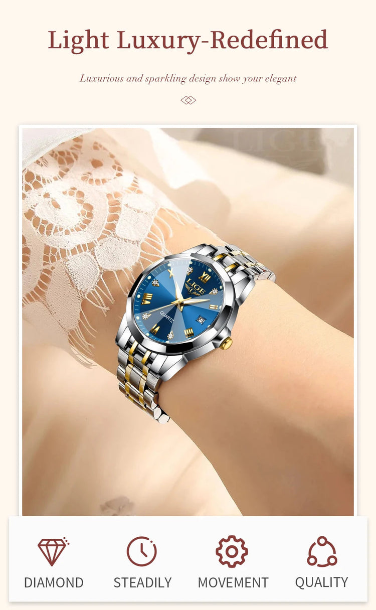 LIGE Orologio al Quarzo di Lusso per Donna, Elegante Bracciale Luminoso e Impermeabile, Regalo Ideale platinumshop