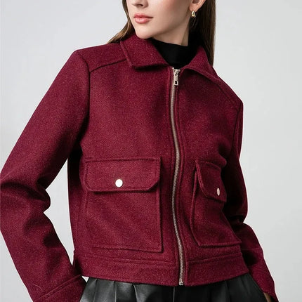 KONDALA Red Bordeaux Loose Jakcets Women Zipper Pockets Short Coats Fashion 2025 Autmn Elegant Bomer Jackets Elegant Outwears
