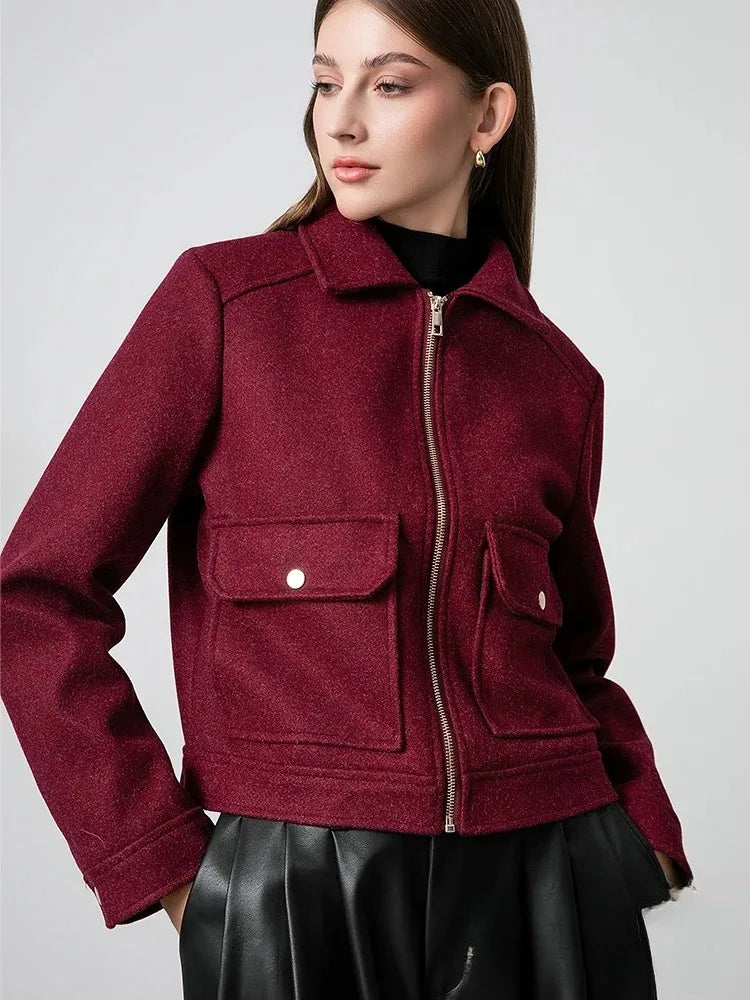 KONDALA Red Bordeaux Loose Jakcets Women Zipper Pockets Short Coats Fashion 2025 Autmn Elegant Bomer Jackets Elegant Outwears