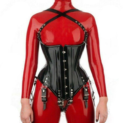 100%Latex Rubber Corset Schwarz Metallschnalle Gummi Korsett Sexy Clubwear 0,4mm