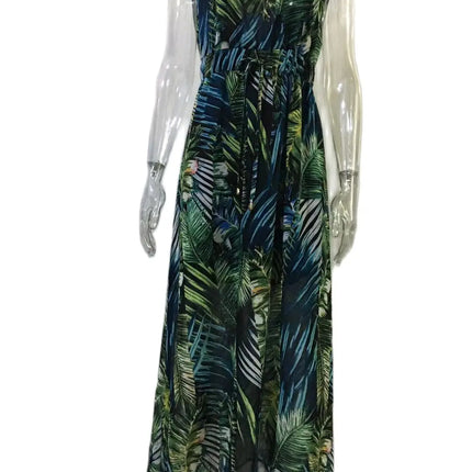 Abito da spiaggia da donna senza schienale con allacciatura Abito da spiaggia sexy con scollo a V Boho Abiti lunghi estivi Elegante stampa senza maniche Lady Maxi Dress Vestidos