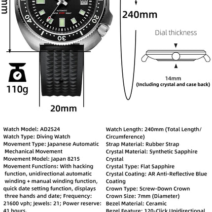 ADDIESDIVE Luxury Men's Automatic Watch Ceramic Bezel Sapphire Glass 200m Waterproof Ultra Bright Blue Luminous Diving Watch
