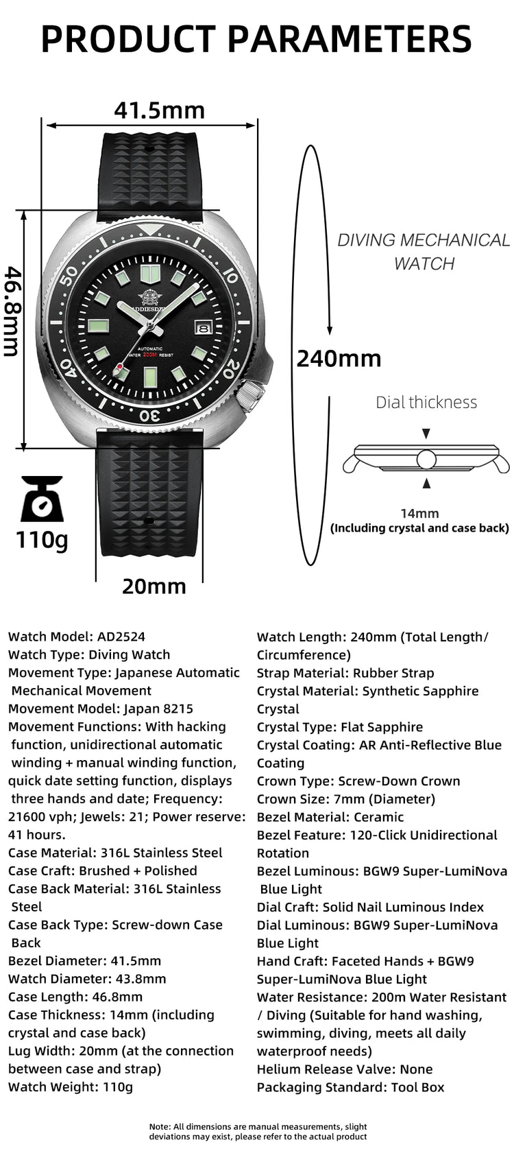 ADDIESDIVE Luxury Men's Automatic Watch Ceramic Bezel Sapphire Glass 200m Waterproof Ultra Bright Blue Luminous Diving Watch