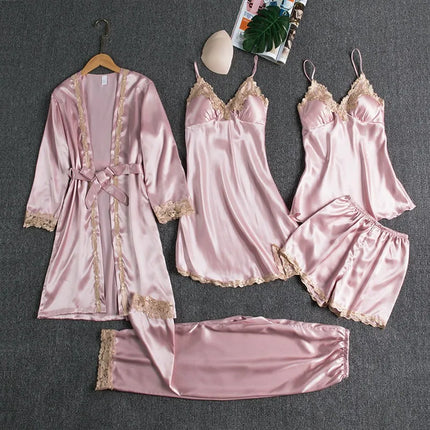 2025 Conjunto de pijama de raso de lujo de 5 piezas para mujer, ropa de dormir sedosa, bata de encaje, camisón, cami, pantalones cortos, pantalones, elegante pijama, novedad
