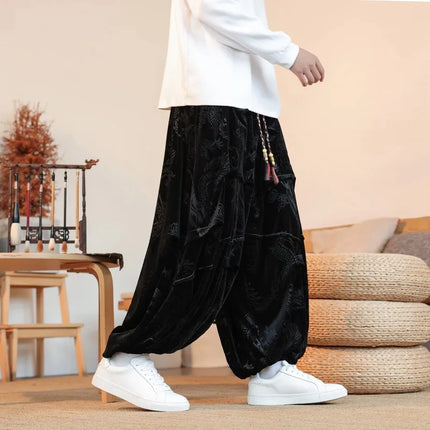 Pantaloni di velluto da uomo autunno inverno retrò drago stampa pantaloni larghi da uomo stile cinese pantaloni casual a gamba larga per uomo taglie forti 5XL