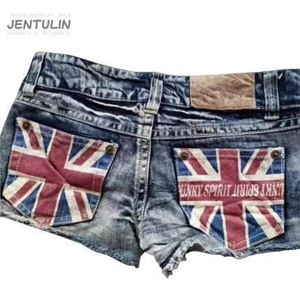 Y2K Drapeau Imprimé Graphique Mode Style Britannique Mini Short Harajuku Poche Short en Jean Femme Goth Slim Sexy Taille Basse