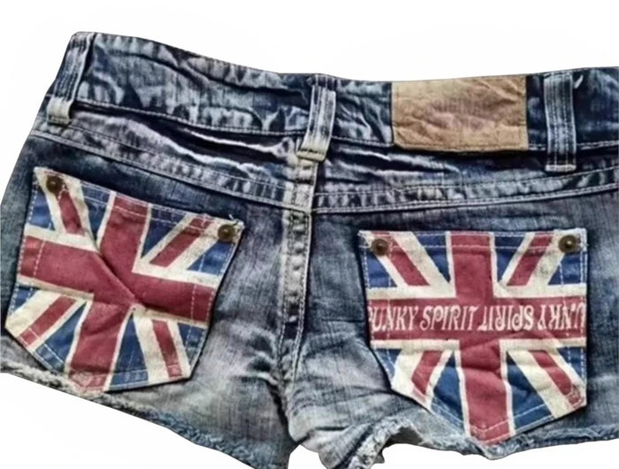 Y2K Drapeau Imprimé Graphique Mode Style Britannique Mini Short Harajuku Poche Short en Jean Femme Goth Slim Sexy Taille Basse