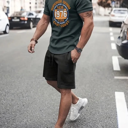 New Men's Two-Piece Suit Fashion Scottish Print Summer O-neck Short Sleeve Polo + Shorts Men's Two-Piece Set