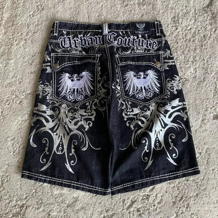 American Vintage Popular New Pattern Embroidery Baggy Denim Shorts Men Street Fashion Gothic Casual Joker Shorts Women Clothing PlatiNum