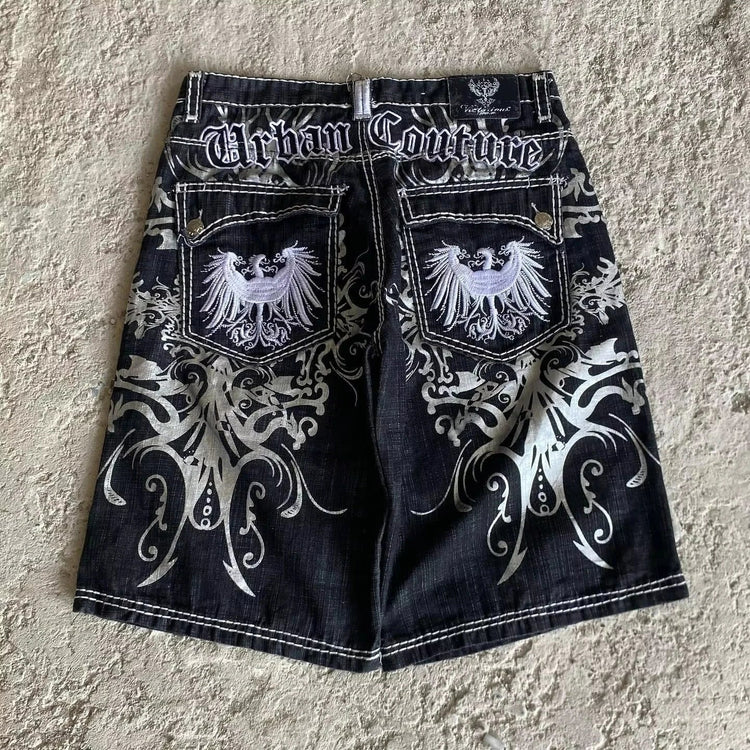 American Vintage Popular New Pattern Embroidery Baggy Denim Shorts Men Street Fashion Gothic Casual Joker Shorts Women Clothing PlatiNum