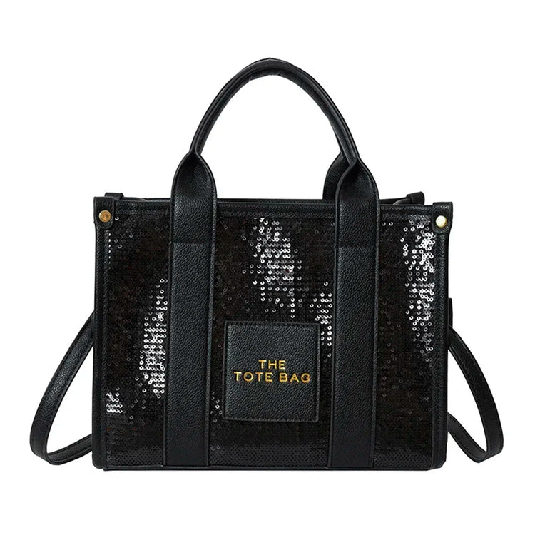 Sequins Top-Handle Bags Fashion PU Leather Shoulder Bag Large Capacity Travel Handbag Women Trendy Casual Satchel Tote Purse PlatiNum