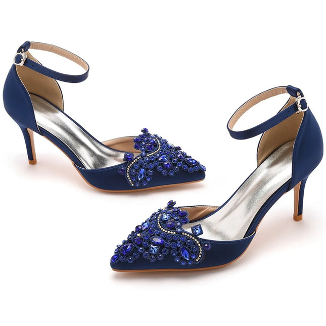 Women's High Heel Pointed Toe Pumps Designer Boat Neck Wedding Shoes Women's Navy Blue Heel Evening Shoes
