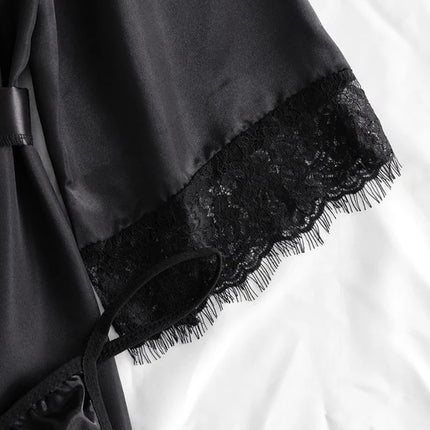 Pigiama da donna sexy nero in raso 4 pezzi di pizzo di seta reggicalze pantaloncini abito pigiama set camicia da notte biancheria intima camicia da notte vestito