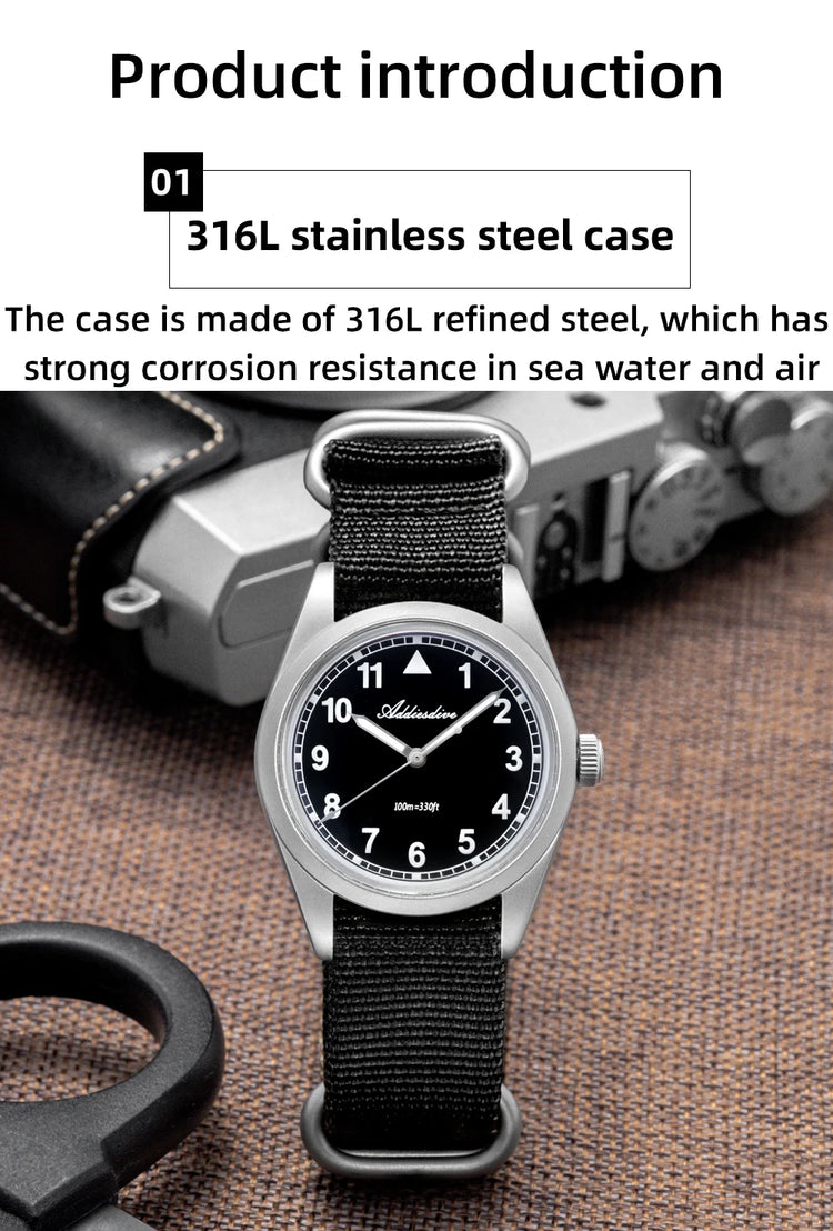 ADDIESDIVE 36mm Men's Analog Watch Bubble Mirror Glass 100m Waterproof Luminous Watch Simple Men Quartz Watches with Nylon Strap