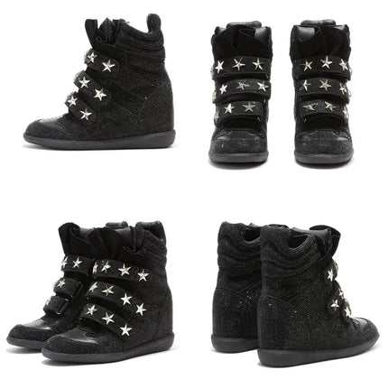 Women Rhinestone High Top Sneakers Hidden Wedge Heel Shoes Star Decor Hook & Loop Fashion Platform Ankle Boots