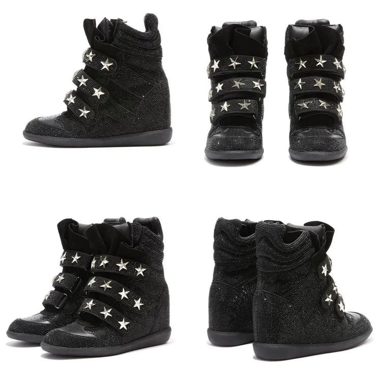 Women Rhinestone High Top Sneakers Hidden Wedge Heel Shoes Star Decor Hook & Loop Fashion Platform Ankle Boots