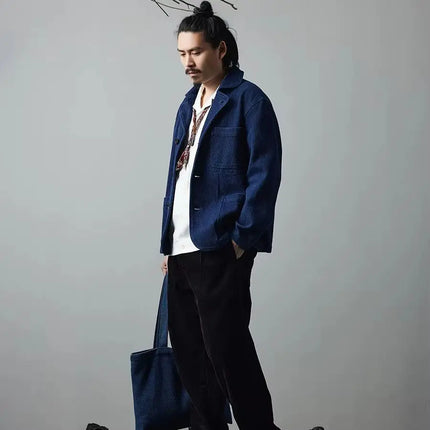 Indigo Blue Dyed Suit Jacket Heavy Sashiko Casual Japanese Retro Washed Coat Jacket