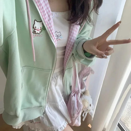 Y2k Hoodies Green Kawaii Cat Floral Print Hooded Zip-up Woman Sweatshirts Pink Thin Jacket Spring Fall Clothes Cute Streetwear