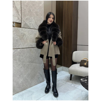 Solid Color Big Fur Collar Tied Woolen Jacket Fashion Waist Cinching Long Sleeved Short Coat 2026 Autumn Street Daily Clothing