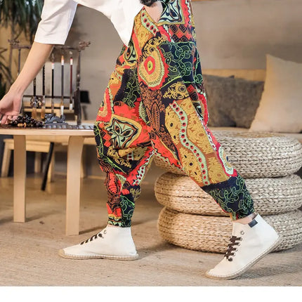 Pantaloni Harem da Uomo 2026 Stile Retrò con Stampa, Pantaloni Jogger Larghi e Comodi con Cavallo Ribassato, Stile Nepal Oversize, Pantaloni Casual da Uomo con Cavallo Ribassato