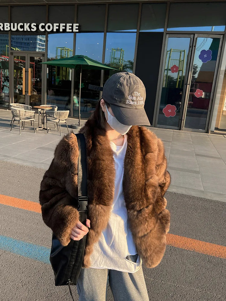 ZADORIN New Winter Faux Mink Coat Woman Elegant V Neck Long Sleeve Brown Faux Fur Coat Luxury Furry Jacket Woman Clothes Fur Top