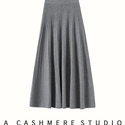 New Arrivals Women Cashmere A-line Skirt Elastic Waist Pleated Skirt 100% Cashmere Knitted Autumn Winter Thin Office Lady Dress PlatiNum