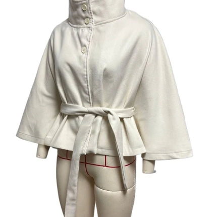 Women Batwing Sleeve Woolen Belted Eclipse Jacket Solid Stand Collar Single Breasted Lace Up Coat Fall Winter Chic Outerwear