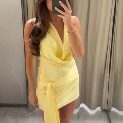 HH Abito Mini Estivo in Raso con Scollo all'Americana e Cintura da Donna 2026, Sexy Senza Maniche, Schiena Scoperta, Elegante con Laccetti Frontali, Vestito Corto da Festa platinumshop