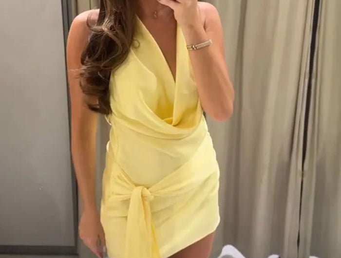 HH Abito Mini Estivo in Raso con Scollo all'Americana e Cintura da Donna 2026, Sexy Senza Maniche, Schiena Scoperta, Elegante con Laccetti Frontali, Vestito Corto da Festa platinumshop