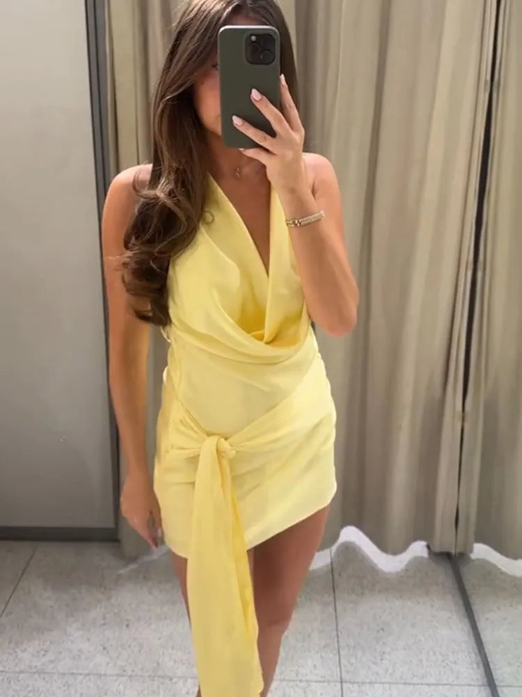 HH Abito Mini Estivo in Raso con Scollo all'Americana e Cintura da Donna 2026, Sexy Senza Maniche, Schiena Scoperta, Elegante con Laccetti Frontali, Vestito Corto da Festa platinumshop