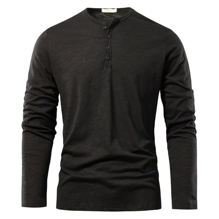Henery Neck  Long Sleeve T shirt For Men Solid Spring Casual Mens T-shirts High Quality Male Tops Classic Clothes Men's T-shirts PlatiNum