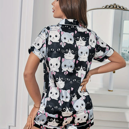 Pigiama in raso con stampa simpatico gatto, bottoni a maniche corte, top con risvolto e pantaloncini elastici, indumenti da notte da donna