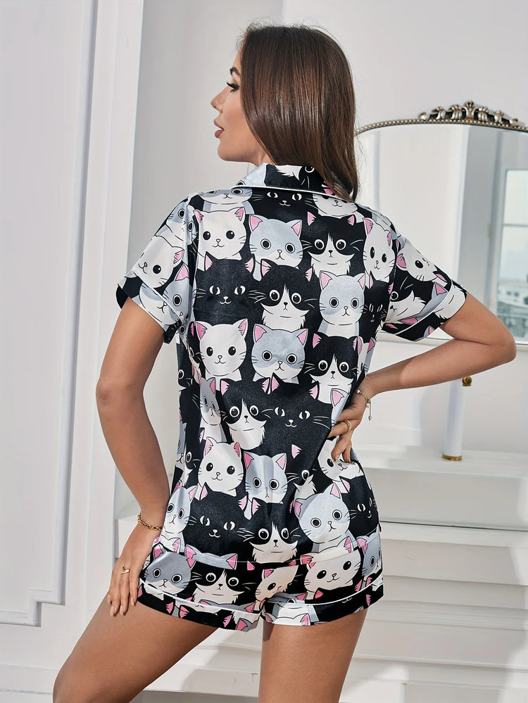Pigiama in raso con stampa simpatico gatto, bottoni a maniche corte, top con risvolto e pantaloncini elastici, indumenti da notte da donna