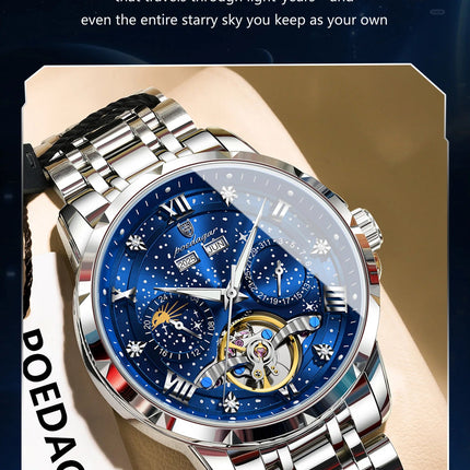 POEDAGAR Top Orologio da uomo originale Orologio meccanico automatico da uomo in acciaio inossidabile Calendario Hollow Tourbillon Orologio da uomo Maschio + scatola platinumshop
