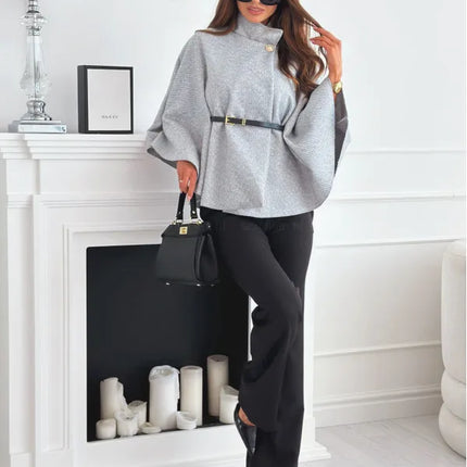 Women Single Buckle Batwing Sleeve Coat Autumn Winter Elegant Lady Tweed Waist Cinching Poncho Trend Thick Warm Loose Outwear