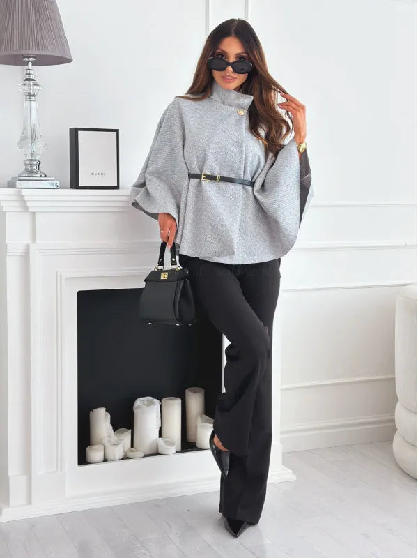 Women Single Buckle Batwing Sleeve Coat Autumn Winter Elegant Lady Tweed Waist Cinching Poncho Trend Thick Warm Loose Outwear
