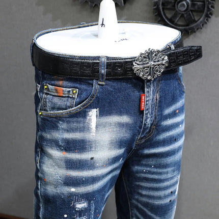 Fashion Designer Men Jeans Retro Blue Stretch Slim Fit Painted Ripped Jeans Men Korean Style Vintage Casual Denim Pants Hombre PlatiNum