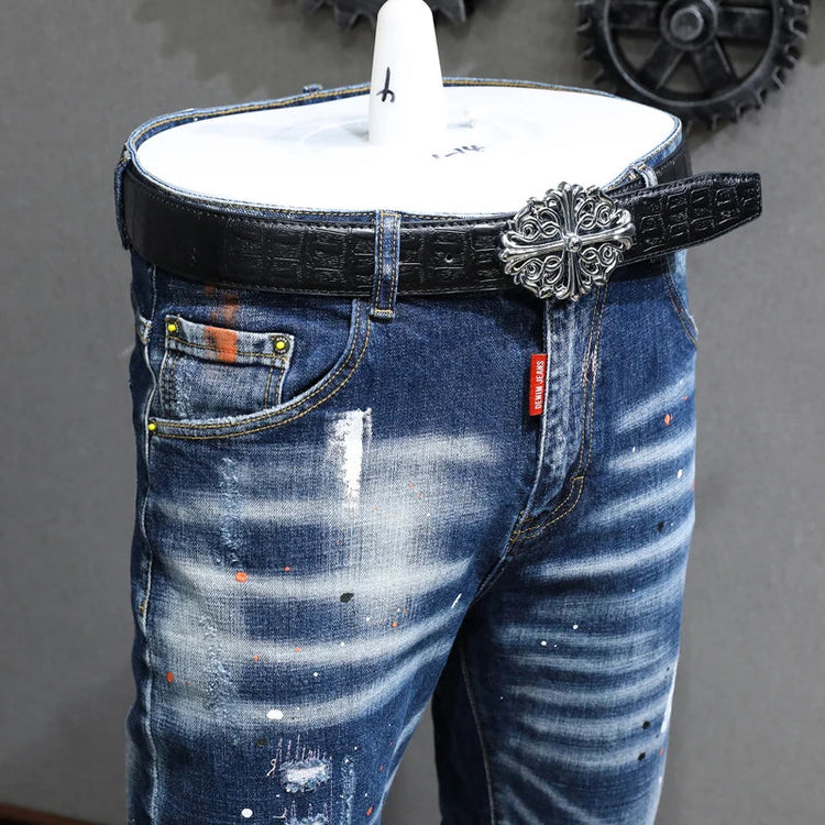 Fashion Designer Men Jeans Retro Blue Stretch Slim Fit Painted Ripped Jeans Men Korean Style Vintage Casual Denim Pants Hombre PlatiNum