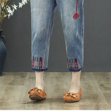AmaxluluE Jeans larghi strappati da donna alla moda estiva Pantaloni in denim ricamati per il tempo libero da donna Pantaloni Harem elastici da donna vintage