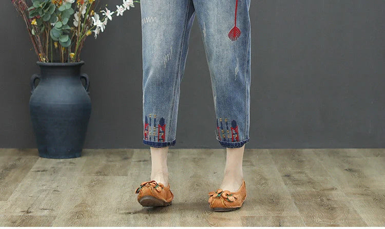 AmaxluluE Jeans larghi strappati da donna alla moda estiva Pantaloni in denim ricamati per il tempo libero da donna Pantaloni Harem elastici da donna vintage