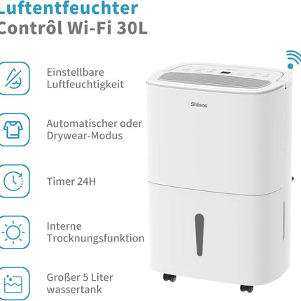 SHINCO 30L Deumidificatore Elettrico per 105 m3 (35 m2), WiFi, Risparmio Energetico, Ripristino Automatico, Asciugatura del Lavanderia, Temporizzatore 24H