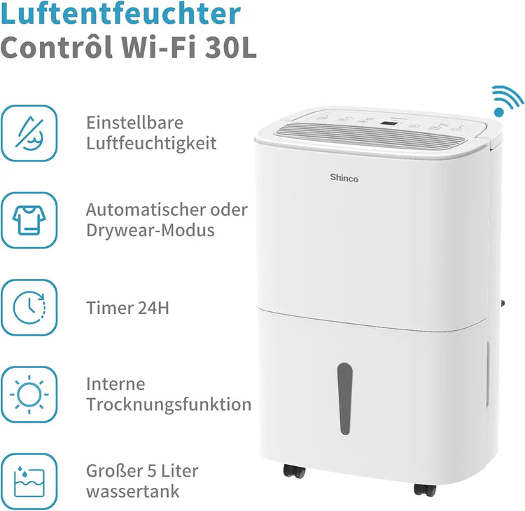 SHINCO 30L Deumidificatore Elettrico per 105 m3 (35 m2), WiFi, Risparmio Energetico, Ripristino Automatico, Asciugatura del Lavanderia, Temporizzatore 24H