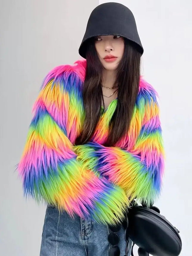 ZADORIN Fashion Colorful Rainbow Hairy Faux Fur Coat Women Crop Top Autumn Winter Fluffy Cropped Fur Jacket Festival Clothing