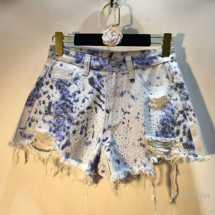2025 Abiti estivi, Nuovi pantaloncini di jeans con bordo ruvido indossato a vita alta con perforazione a caldo per l'industria pesante, pantaloni caldi da donna
