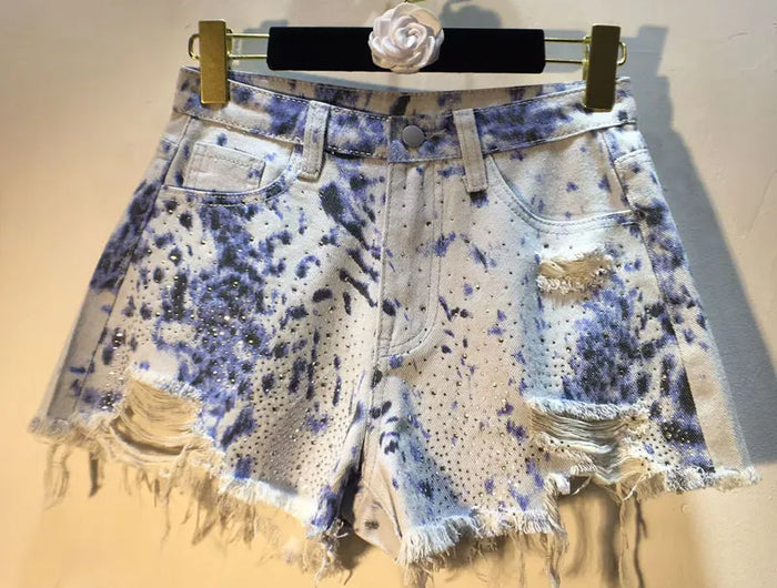 2025 Abiti estivi, Nuovi pantaloncini di jeans con bordo ruvido indossato a vita alta con perforazione a caldo per l'industria pesante, pantaloni caldi da donna