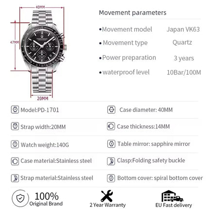 PAGANI DESIGN 500 Orologio da Uomo di Lusso con Tachimetro Circolare, Cronografo Sportivo, Vetro Zaffiro AR, Movimento Giapponese, Acciaio 316L, Luminoso