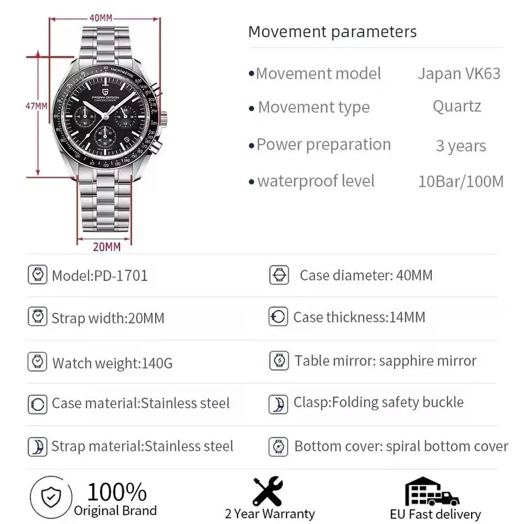 PAGANI DESIGN 500 Orologio da Uomo di Lusso con Tachimetro Circolare, Cronografo Sportivo, Vetro Zaffiro AR, Movimento Giapponese, Acciaio 316L, Luminoso
