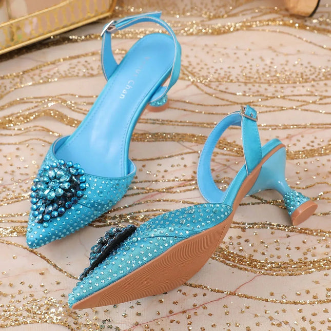 Sky Blue Wedding High Heels for Women, Italian Design, Decorated with Rhinestones, Pointed Toe, Gorgeous for Parties, 2025 Collection, INS Style, Plus Size