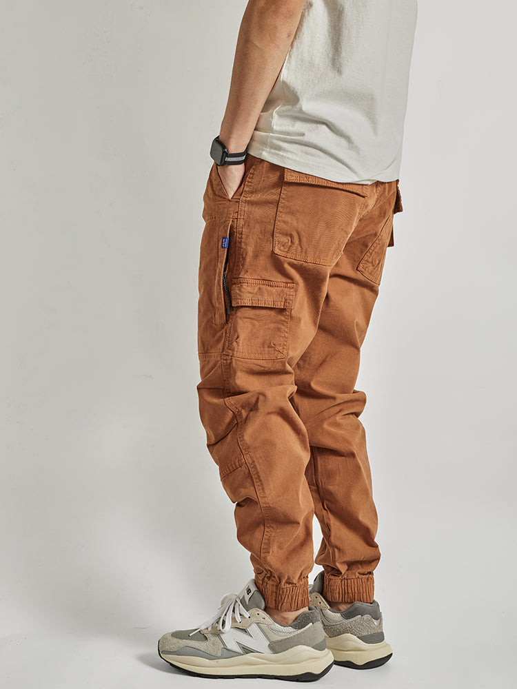 Autumn New American Retro Woven Cargo Pants Men's 97.5% Cotton Washed Elastic Waist Drawstring Loose Casual Anke-tied Trousers